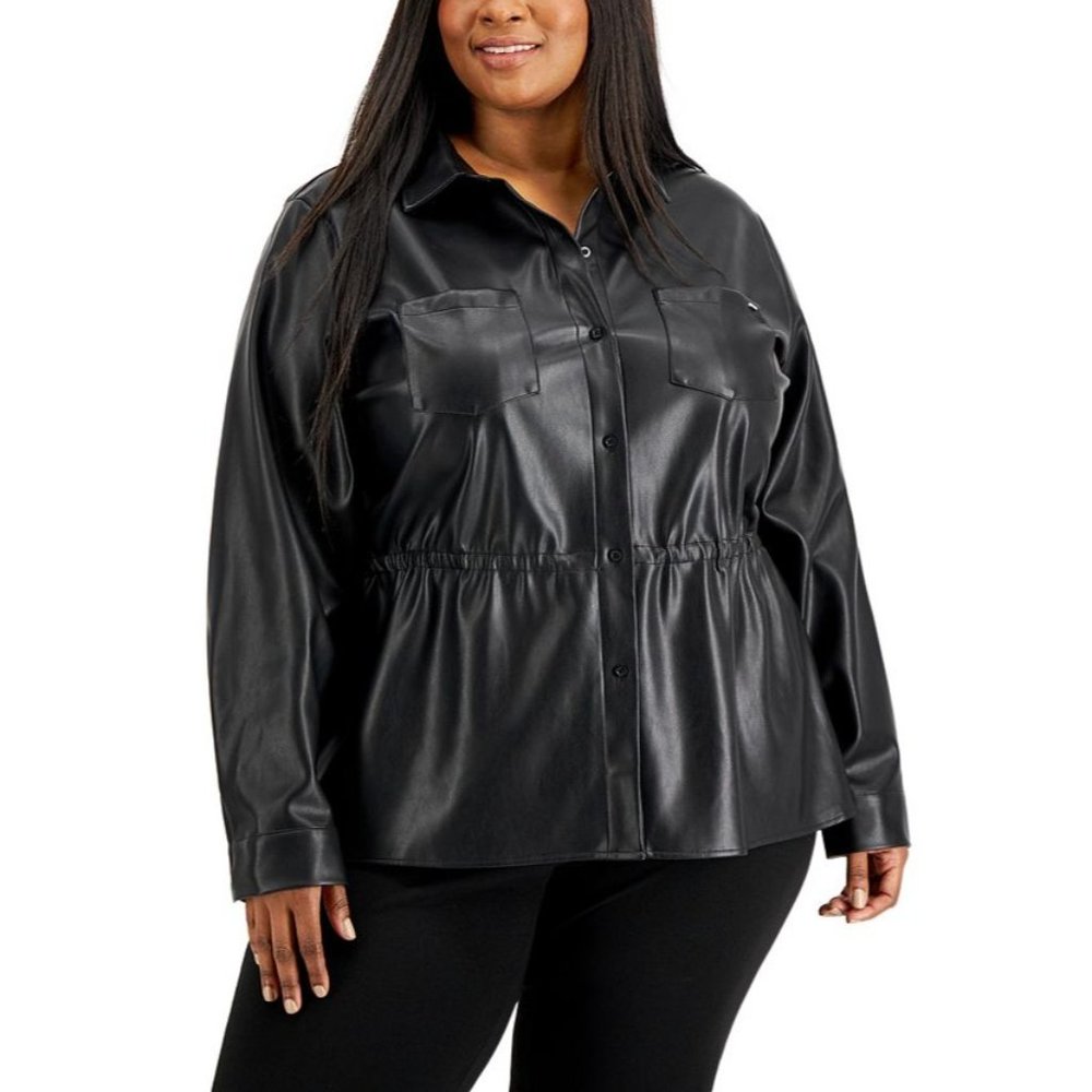 Calvin Klein Women's Cinched Faux Leather Button Down Shirt Black Size 1 X B3-02